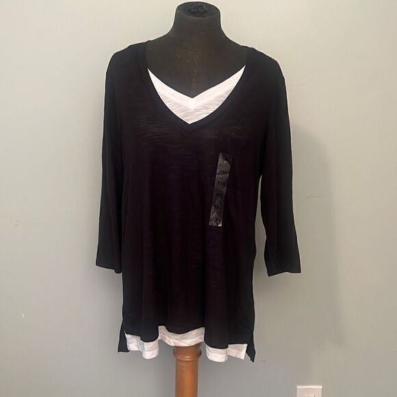 Rebecca Malone Women's Black 3/4 Sleeve Faux Layered Top PXL NWT - Picture 1 of 7